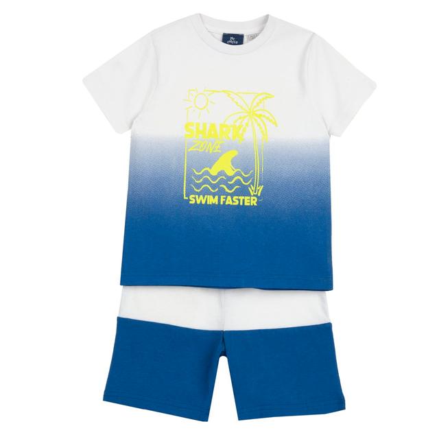 Completo mare Chicco per bambino con maglietta manica corta a stampa sfumata e pantaloncini blu in jersey di cotone con vita elasticizzata e tasca posteriore. | Chicco