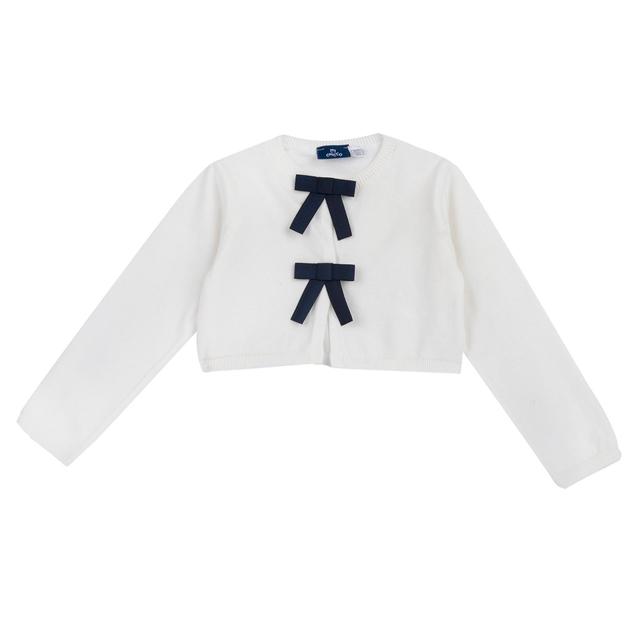 Cardigan corto bianco in maglia di cotone Chicco per bambina con fiocchi decorativi in nastro canneté sul davanti e bottoni nascosti. | Chicco