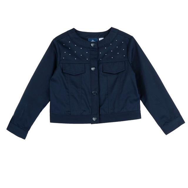 Giubbino elegante in raso elasticizzato blu per bambina Chicco, con dettagli luminosi di strass sul carré anteriore, ideale per primavera/estate. | Chicco