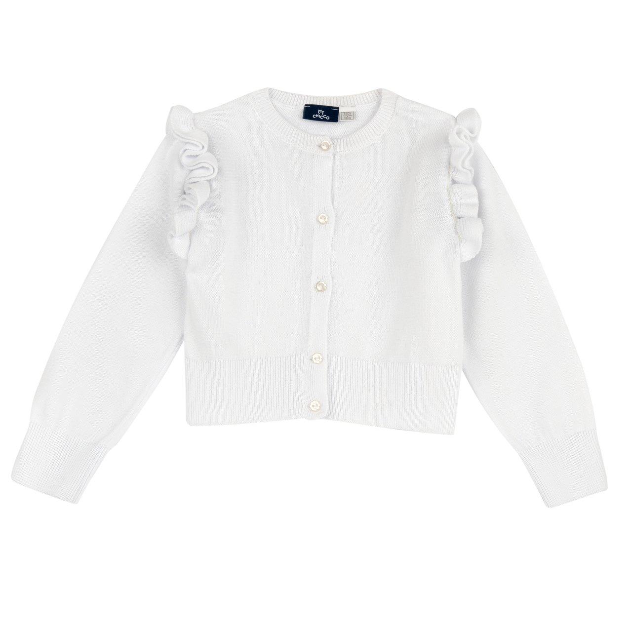 Cardigan bianco in maglia di cotone per bambina Chicco con rouches sulle spalle e bottoni a fiore effetto madreperla, ideale per la primavera/estate. | Chicco