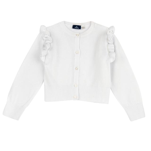 Cardigan bianco in maglia di cotone per bambina Chicco con rouches sulle spalle e bottoni a fiore effetto madreperla, ideale per la primavera/estate. | Chicco