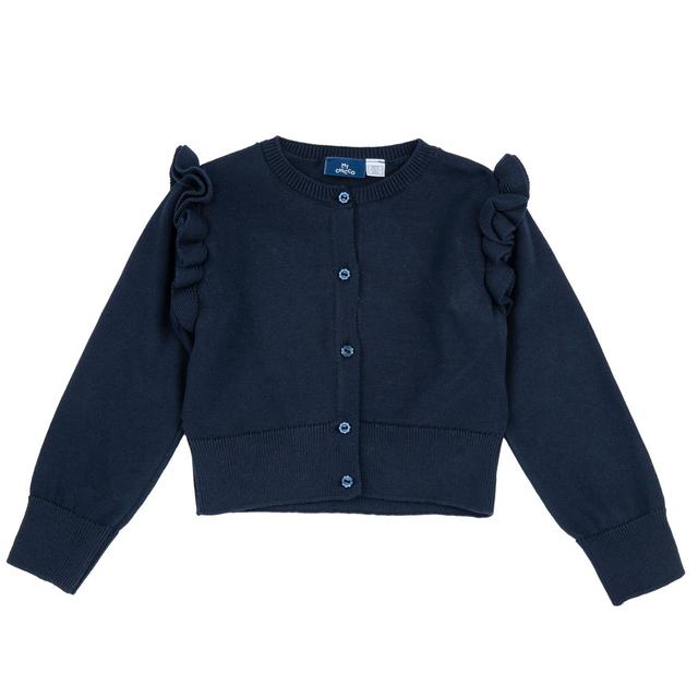 Cardigan bianco in maglia di cotone per bambina Chicco con rouches sulle spalle e bottoni a fiore effetto madreperla, ideale per la primavera/estate. | Chicco
