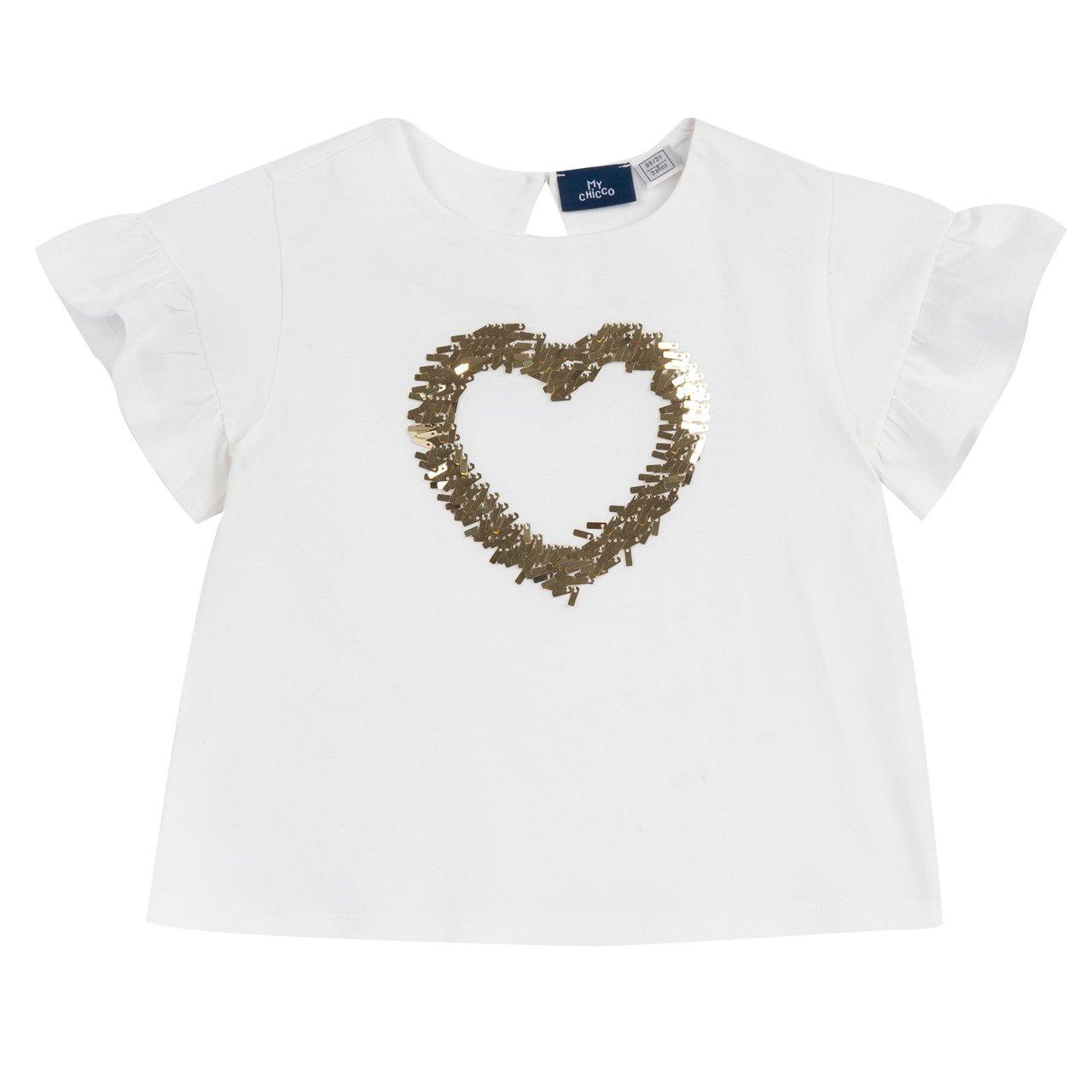 Maglietta a manica corta bianca in cotone sostenibile per bambina con grafica a cuore e paillettes dorate, firmata Chicco. | Chicco