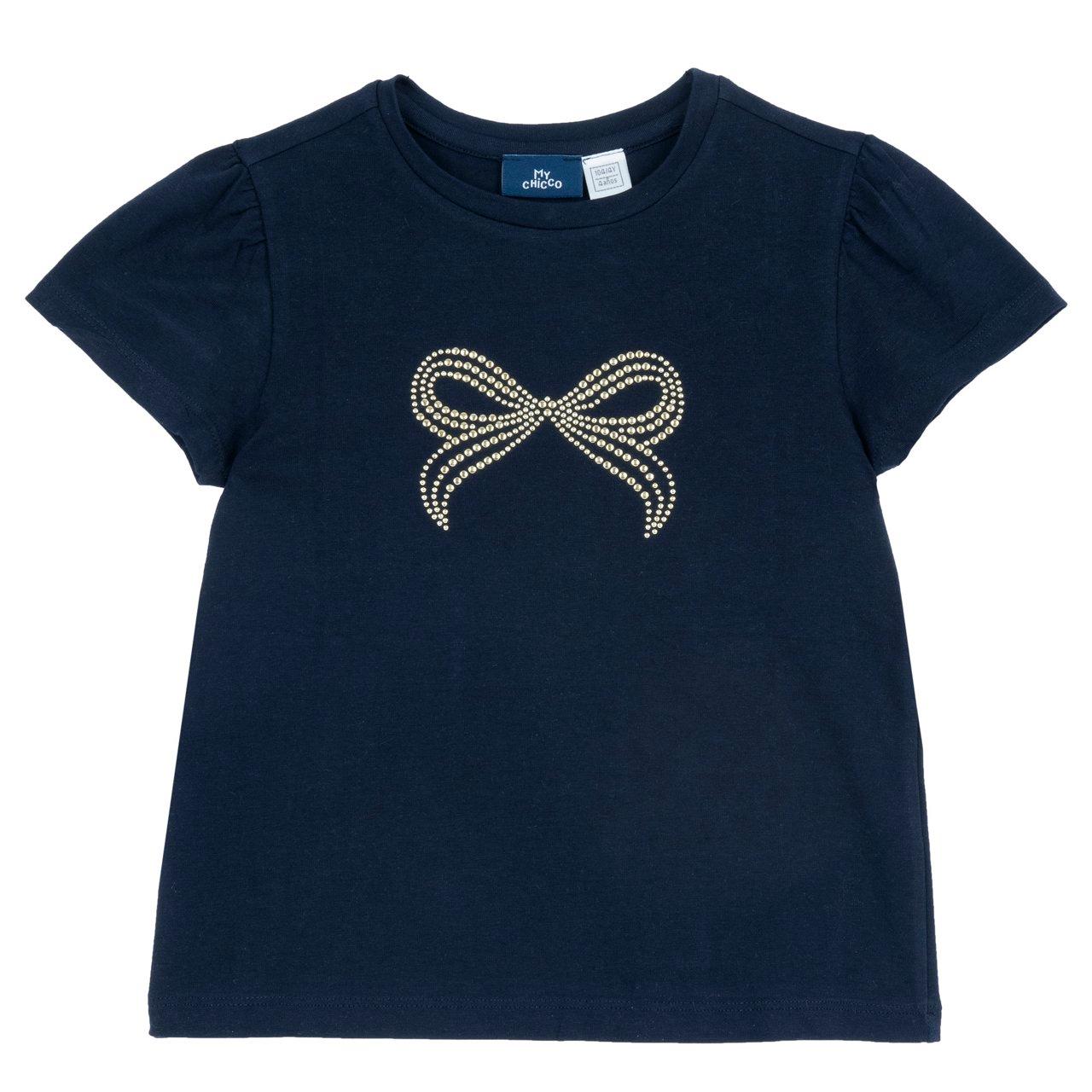 Maglietta a manica corta blu per bambina Chicco con grafica scintillante di fiocco in paillettes dorate, realizzata in jersey elasticizzato di cotone sostenibile. | Chicco