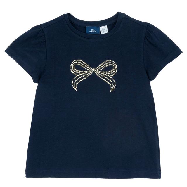 Maglietta a manica corta blu per bambina Chicco con grafica scintillante di fiocco in paillettes dorate, realizzata in jersey elasticizzato di cotone sostenibile. | Chicco