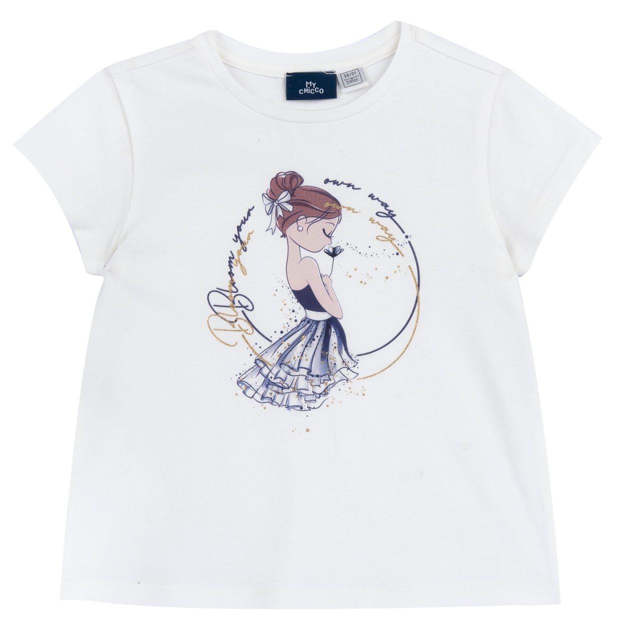 Maglietta a manica corta bianca Chicco per bambina con stampa glitterata, realizzata in cotone sostenibile certificato Oeko-Tex. | Chicco