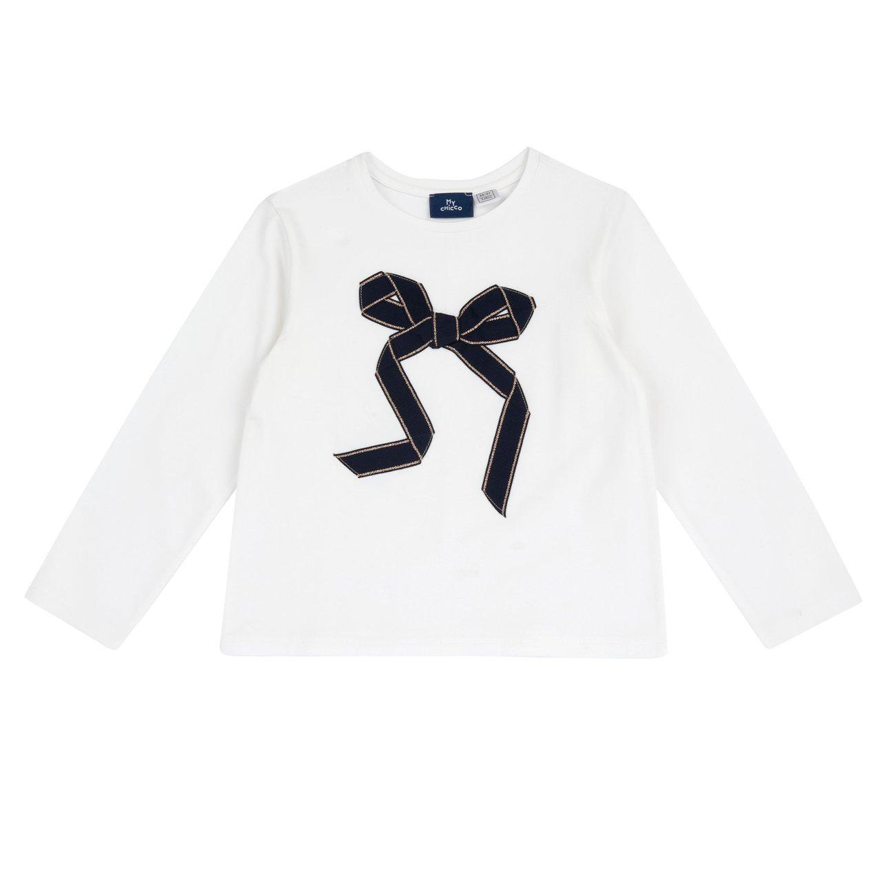 Maglietta a manica lunga bianca per bambina Chicco con applicazione fiocco luminoso, realizzata in morbido jersey elasticizzato sostenibile. | Chicco