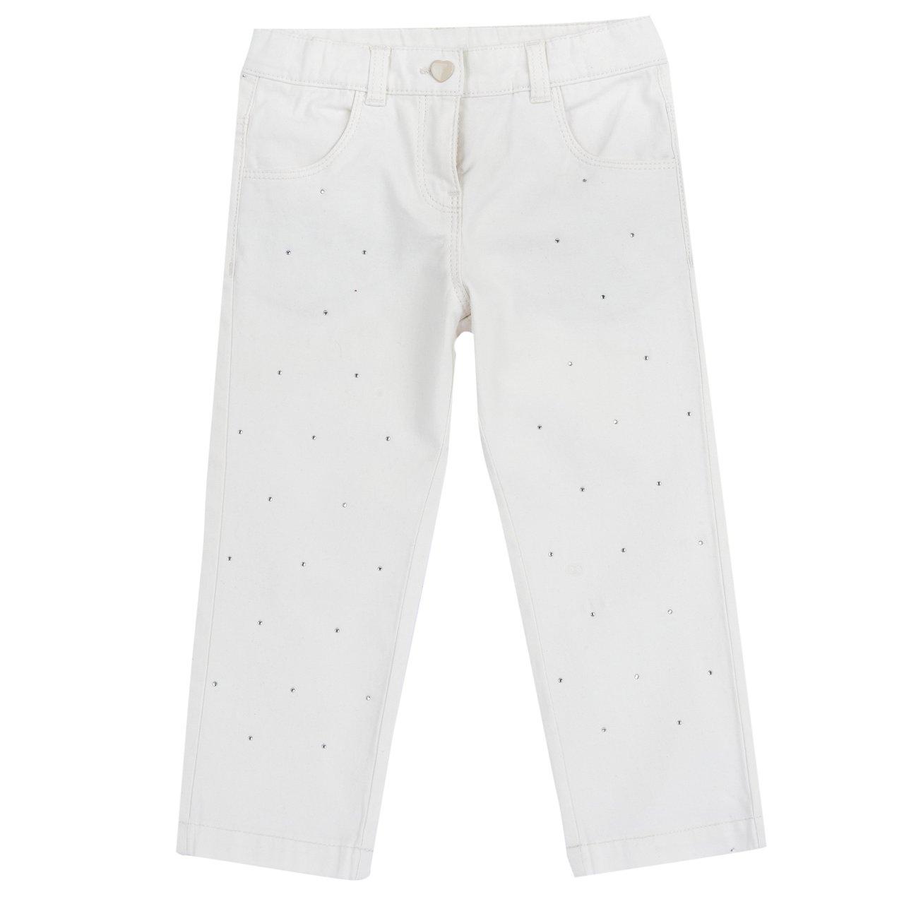 Pantaloni lunghi bianchi Chicco per bambina in denim elasticizzato con applicazioni di strass e ricami, vita regolabile e chiusura a cuore. | Chicco
