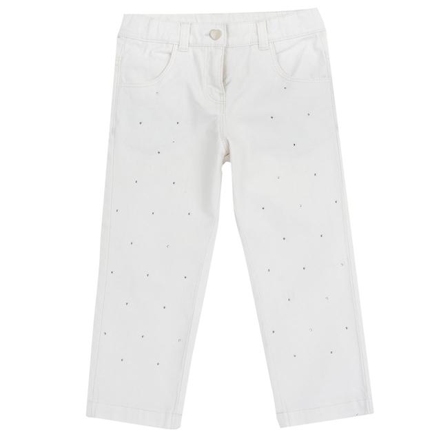 Pantaloni lunghi bianchi Chicco per bambina in denim elasticizzato con applicazioni di strass e ricami, vita regolabile e chiusura a cuore. | Chicco