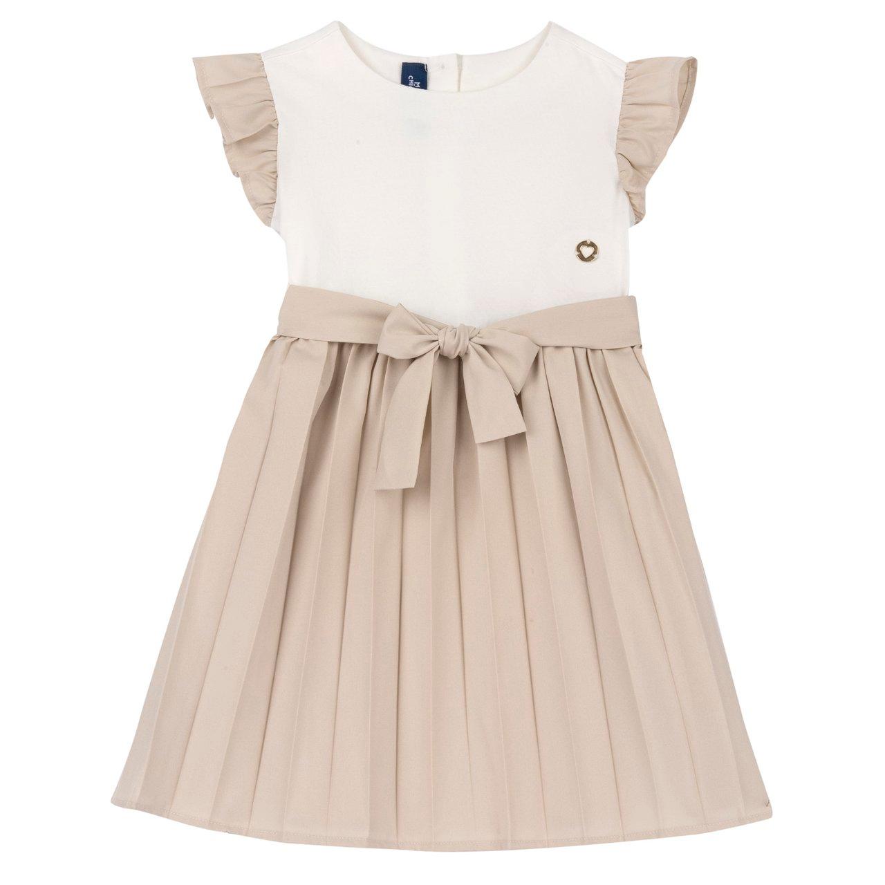Vestito plissé bianco Chicco a manica corta ad aletta per bambina, con corpino in jersey, fusciacca rimovibile e medaglietta a cuore sul retro. | Chicco