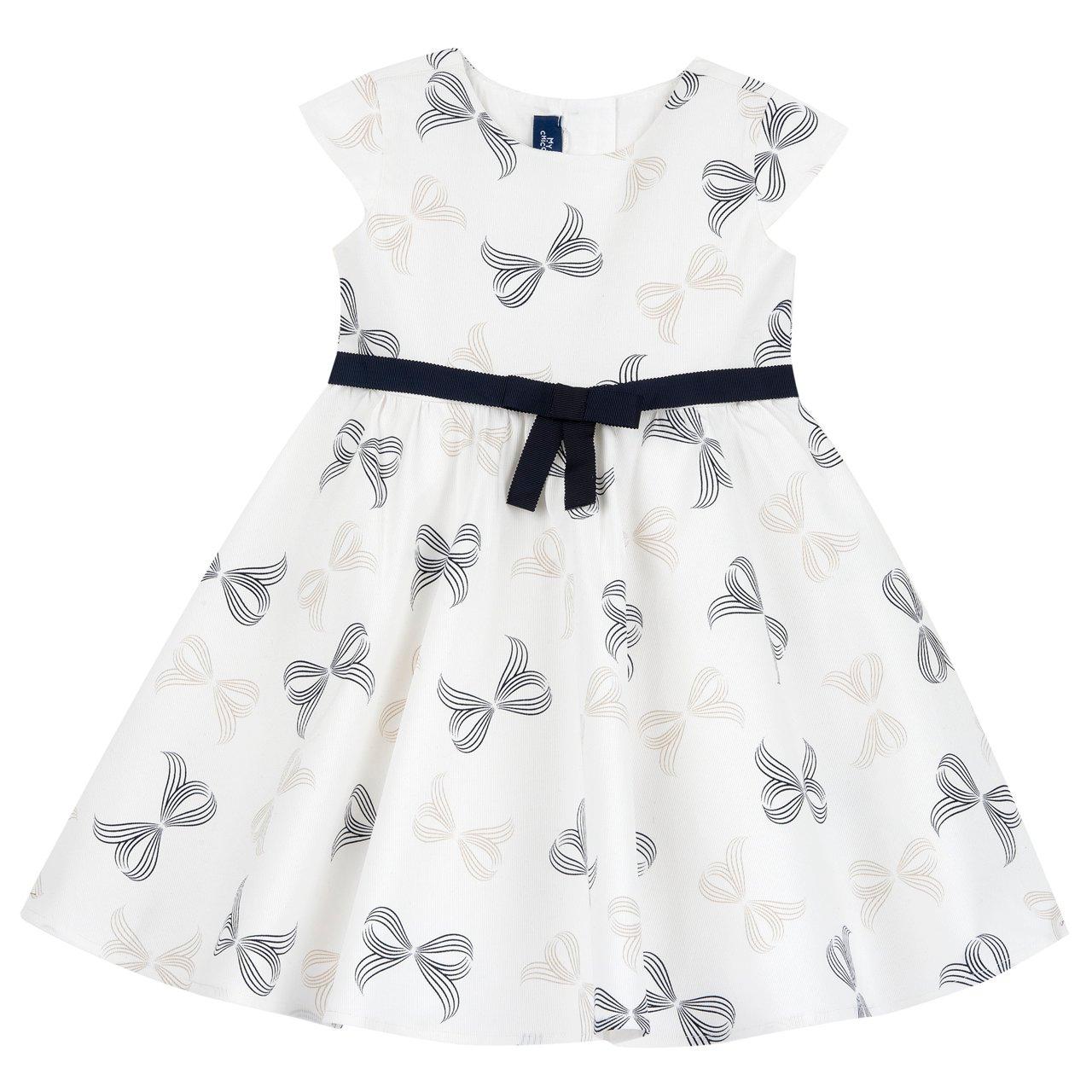 Vestito bianco a manica corta per bambina Chicco con stampa fantasia fiocchi bicolori, cinturetta rimovibile e fodera in mussola di cotone. | Chicco