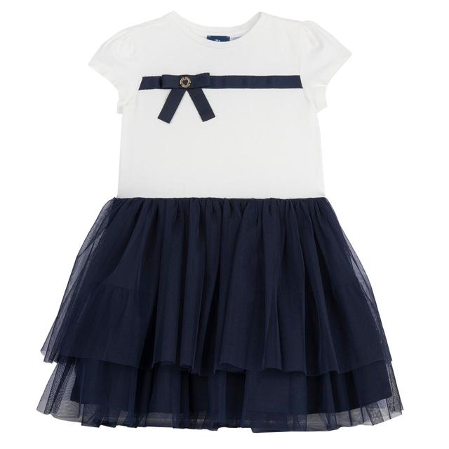 Vestito bianco Chicco a manica corta per bambina con gonna a balze in tulle, fiocco in nastro canneté e medaglietta a cuore, ideale per primavera/estate. | Chicco