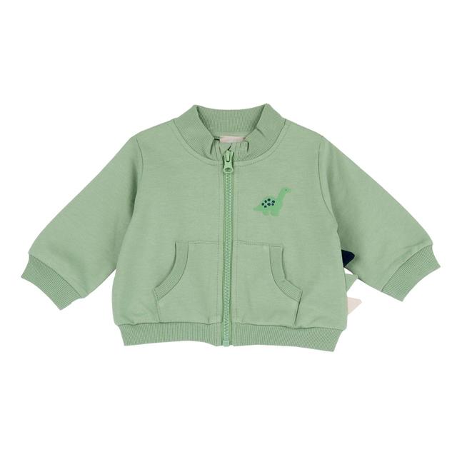 Felpa con zip verde neon per bambini Chicco in cotone sostenibile, con dettagli multicolore, stampa dinosauro e tasca marsupio. | Chicco