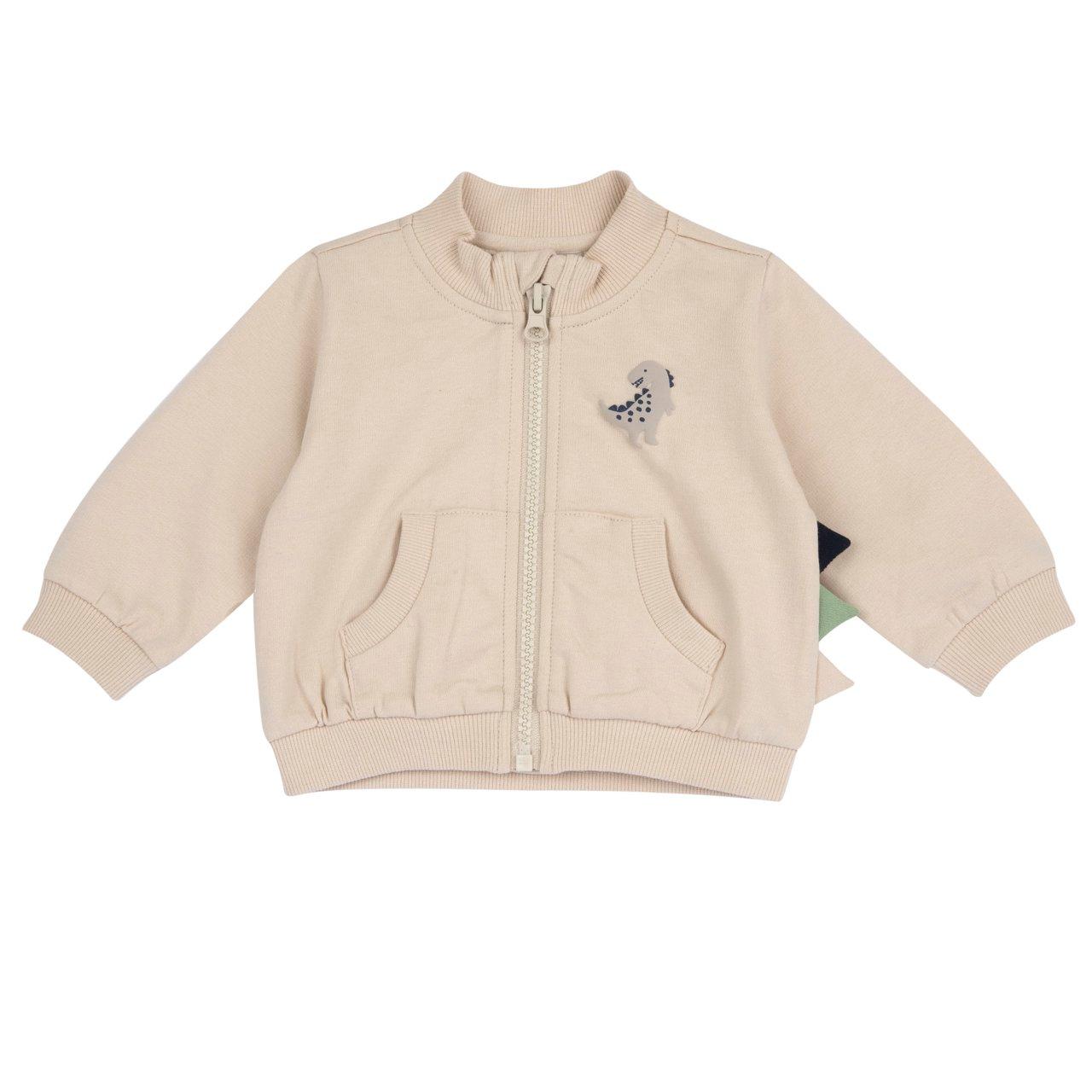 Felpa con zip verde neon per bambini Chicco in cotone sostenibile, con dettagli multicolore, stampa dinosauro e tasca marsupio. | Chicco