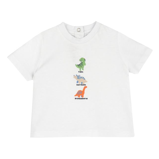 Maglietta a manica corta bianca per bambino Chicco con stampa di dinosauri, in cotone sostenibile e certificata Oeko-Tex. | Chicco
