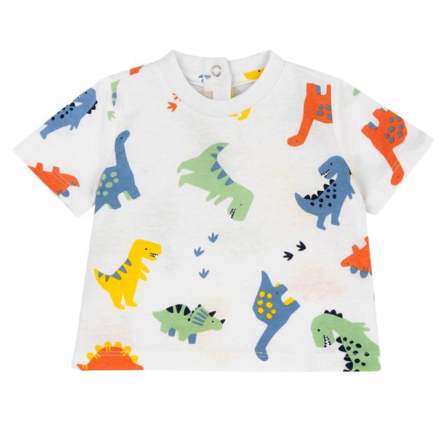 Maglietta a manica corta bianca per bambino Chicco con vivace stampa di dinosauri sul davanti, realizzata in morbido jersey di cotone 100% sostenibile. | Chicco