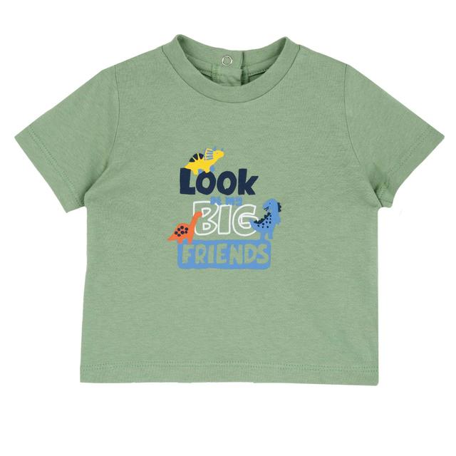 Maglietta a manica corta bianca per bambino Chicco con stampa di dinosauri, in cotone sostenibile e certificata Oeko-Tex. | Chicco