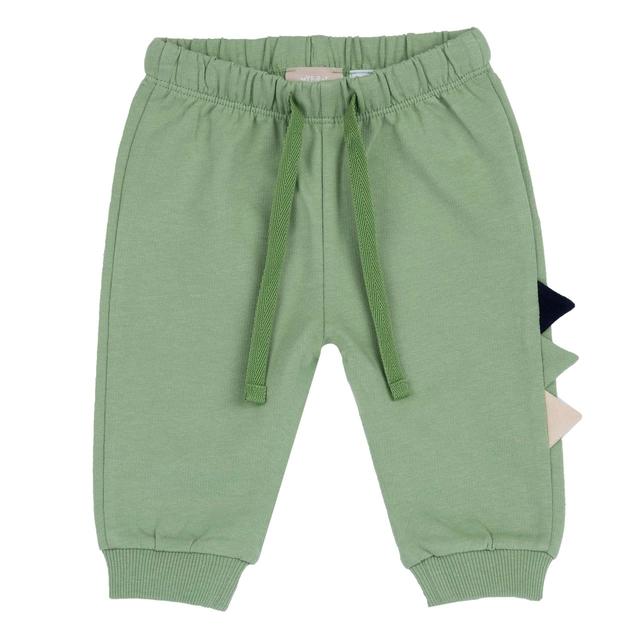 Pantaloni lunghi verdi in felpa non garzata Chicco per bambino, con vita elasticizzata, coulisse, costina ai fondi gamba e applicazione multicolore sul fianco. | Chicco