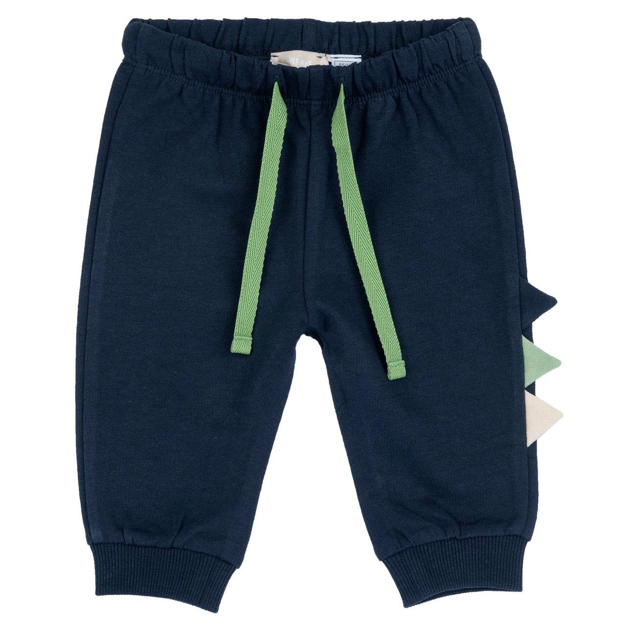 Pantaloni lunghi verdi in felpa non garzata Chicco per bambino, con vita elasticizzata, coulisse, costina ai fondi gamba e applicazione multicolore sul fianco. | Chicco