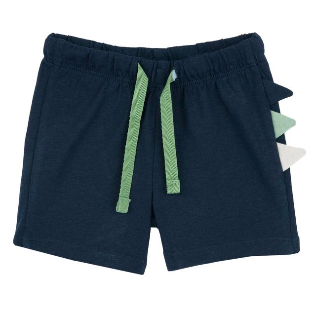 Pantaloni corti blu in jersey di cotone Chicco per bambino con vita elasticizzata, coulisse regolabile e applicazione multicolore sul fianco. | Chicco