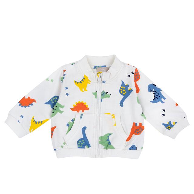 Felpa con zip per bambino in cotone sostenibile, cardigan multicolore con dinosauri su sfondo bianco, collo varsity e tasca marsupio. | Chicco