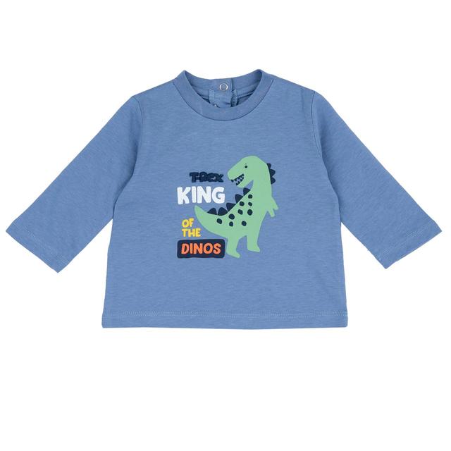 Maglietta a manica lunga azzurra Chicco per bambino con stampa di dinosauri, realizzata in cotone sostenibile. | Chicco