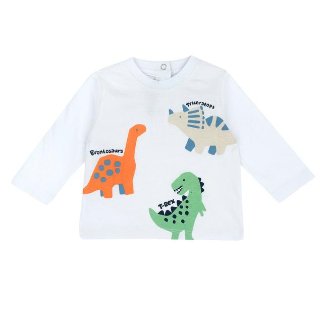 Maglietta a manica lunga azzurra Chicco per bambino con stampa di dinosauri, realizzata in cotone sostenibile. | Chicco