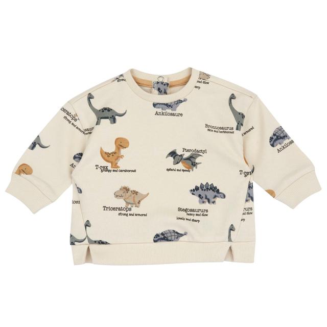 Felpa girocollo in cotone biologico per bambino Chicco con fantasia dinosauri su sfondo bianco, ideale per primavera/estate. | Chicco
