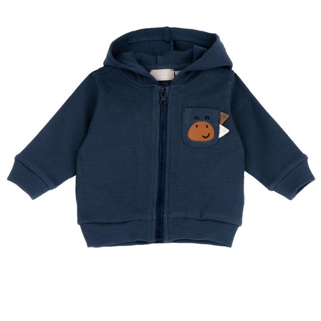 Felpa zippata con cappuccio azzurra in 100% cotone sostenibile per bambino, con ricamo di dinosauro e creste applicate. | Chicco