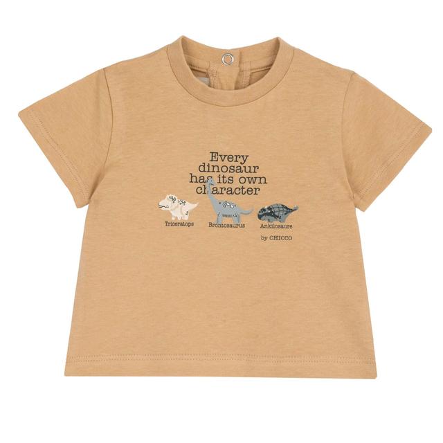 Maglietta a manica corta bianca in cotone sostenibile per bambino Chicco con stampa di dinosauri, certificata Oeko-Tex. | Chicco