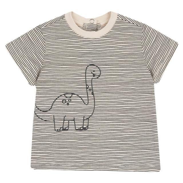 Maglietta a maniche corte blu per bambino con fantasia a righe e dinosauro, 100% cotone sostenibile. | Chicco