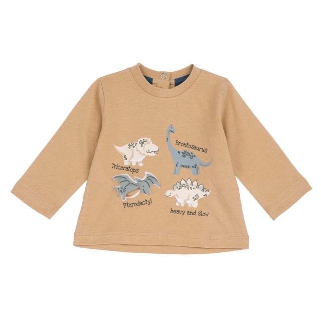 Maglietta a manica lunga bianca in cotone sostenibile per bambino Chicco con stampa di dinosauri e apertura posteriore. | Chicco