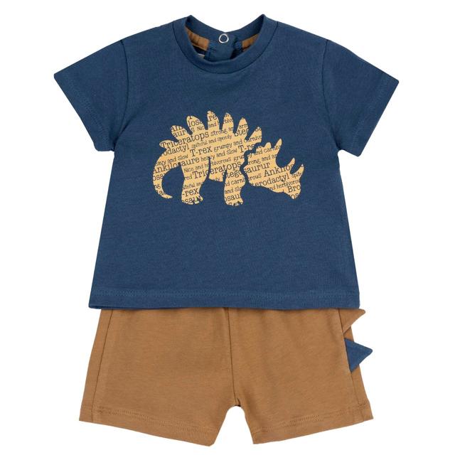 Completo Chicco azzurro per bambino con maglietta a manica corta e dinosauro stampato, e pantaloni corti con creste applicate, in cotone sostenibile Oeko-Tex. | Chicco