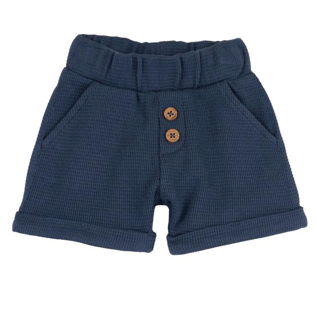 Pantaloni corti azzurri in jersey jacquard per bambino Chicco, 100% cotone sostenibile, con bottoncini effetto legno e risvolti al fondo. | Chicco