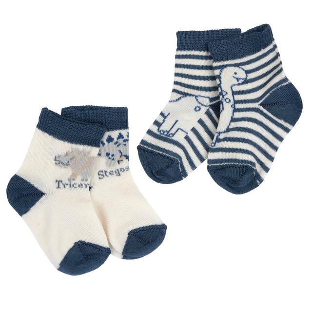 Set due paia calzini fantasia per bambino Chicco, con righe e dinosauri, in cotone sostenibile beige e bianco. | Chicco