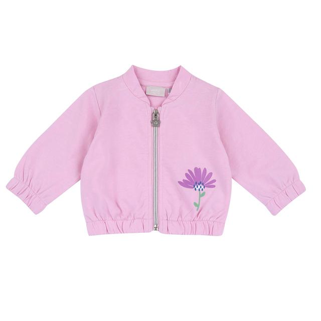 Felpa rosa in cotone sostenibile per bambina, con zip e stampa floreale a rilievo, firmata Chicco. | Chicco
