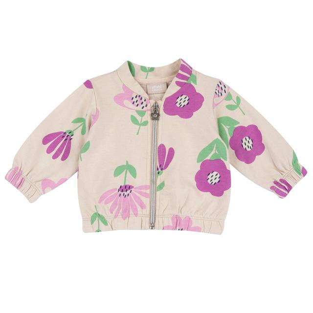 Felpa cardigan con zip Chicco bianca per bambina, in cotone sostenibile, con stampa macrofiori e cursore a forma di fiore. | Chicco