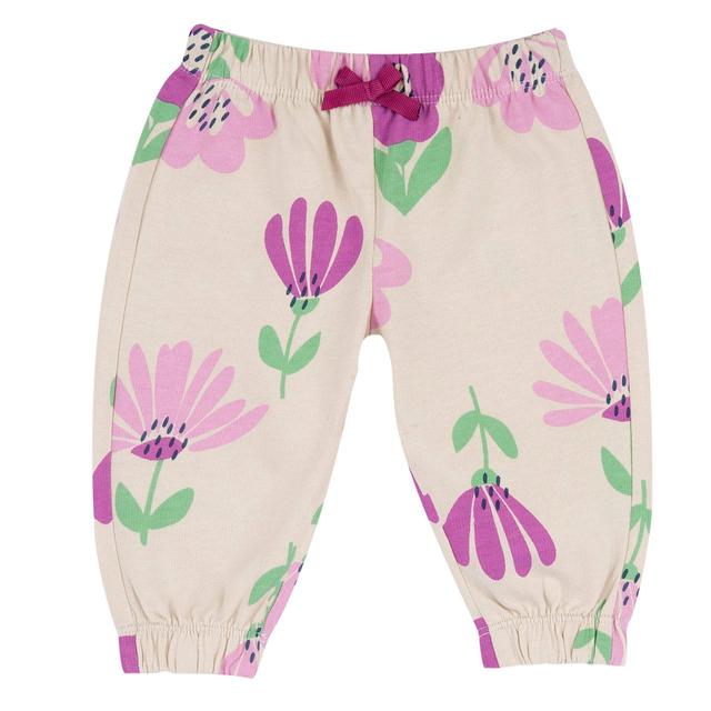 Pantaloni lunghi in felpa elasticizzata per bambina Chicco con vivace stampa a macrofiori bianchi su sfondo bianco, vita elasticizzata e fiocchetto in gros grain. | Chicco