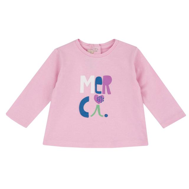 Maglietta a maniche lunghe rosa in morbido jersey elasticizzato per bambina, con stampa a rilievo, parte della collezione Chicco in cotone sostenibile Oeko-Tex. | Chicco
