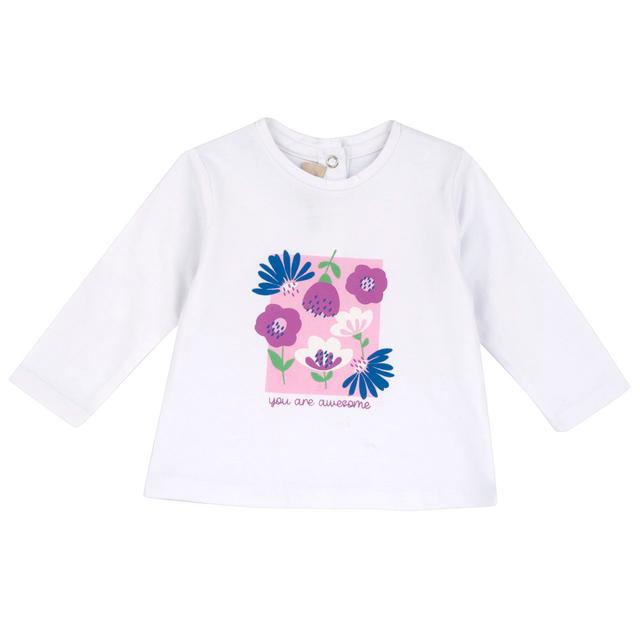 Maglietta a maniche lunghe rosa in morbido jersey elasticizzato per bambina, con stampa a rilievo, parte della collezione Chicco in cotone sostenibile Oeko-Tex. | Chicco