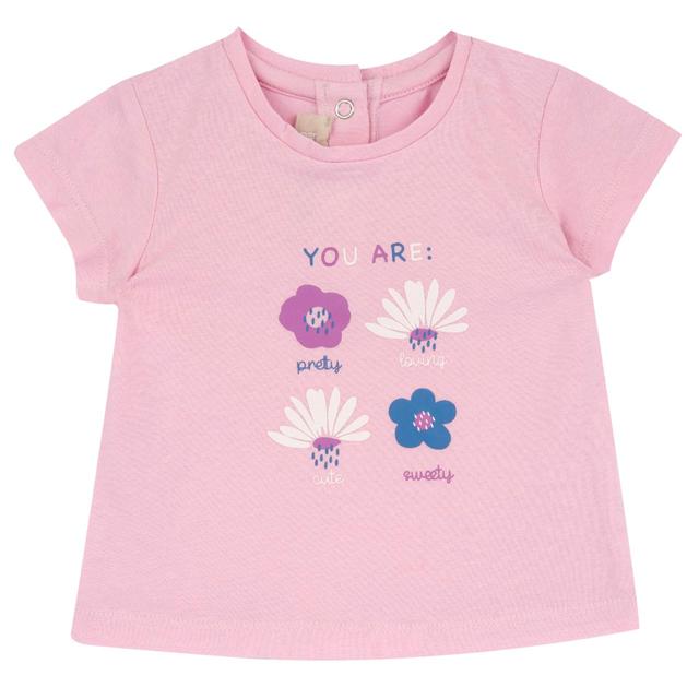 Maglietta a maniche corte rosa per bambina Chicco con stampa di fiori e scritte, realizzata in morbido jersey elasticizzato di cotone sostenibile Oeko-Tex. | Chicco