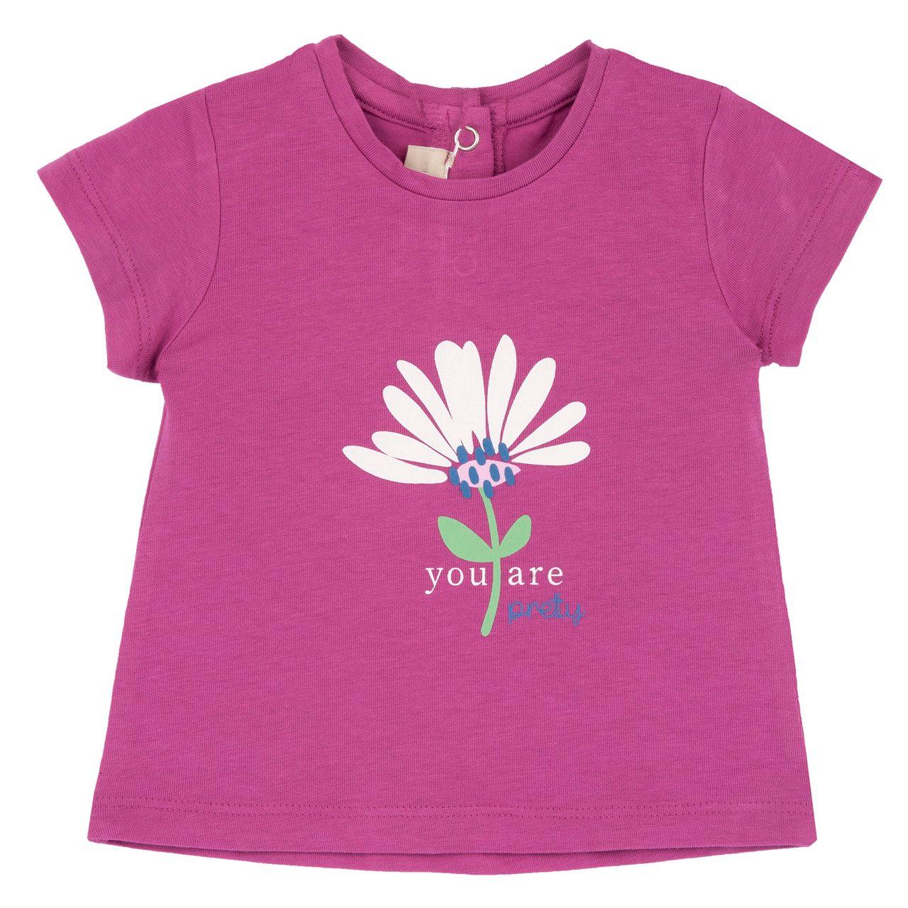 Maglietta a maniche corte rosa per bambina Chicco con stampa di fiori e scritte, realizzata in morbido jersey elasticizzato di cotone sostenibile Oeko-Tex. | Chicco