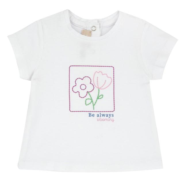 Maglietta a maniche corte rosa per bambina Chicco con stampa di fiori e scritte, realizzata in morbido jersey elasticizzato di cotone sostenibile Oeko-Tex. | Chicco