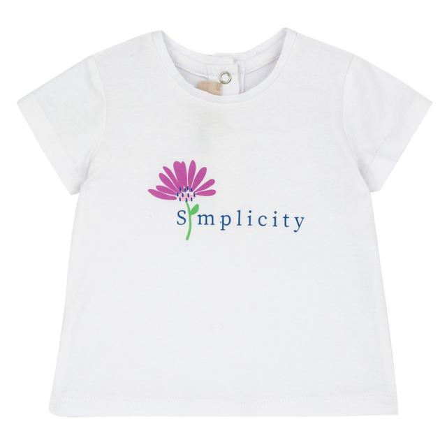 Maglietta a maniche corte rosa per bambina Chicco con stampa di fiori e scritte, realizzata in morbido jersey elasticizzato di cotone sostenibile Oeko-Tex. | Chicco