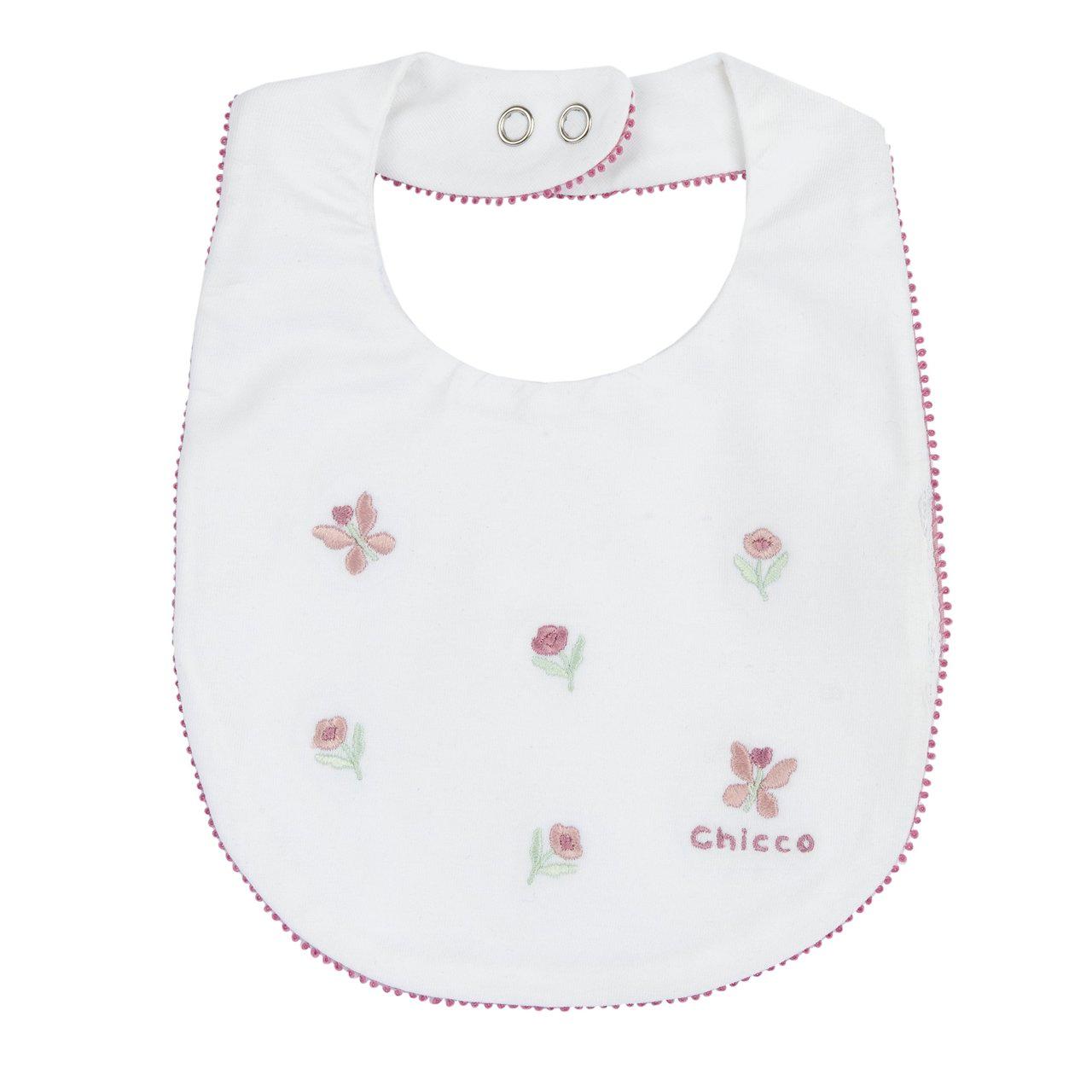 Bavaglino bianco in jersey di cotone elasticizzato per bambina con ricamo floreale e nastro decorativo, chiusura automatica regolabile, certificato Oeko-Tex. | Chicco