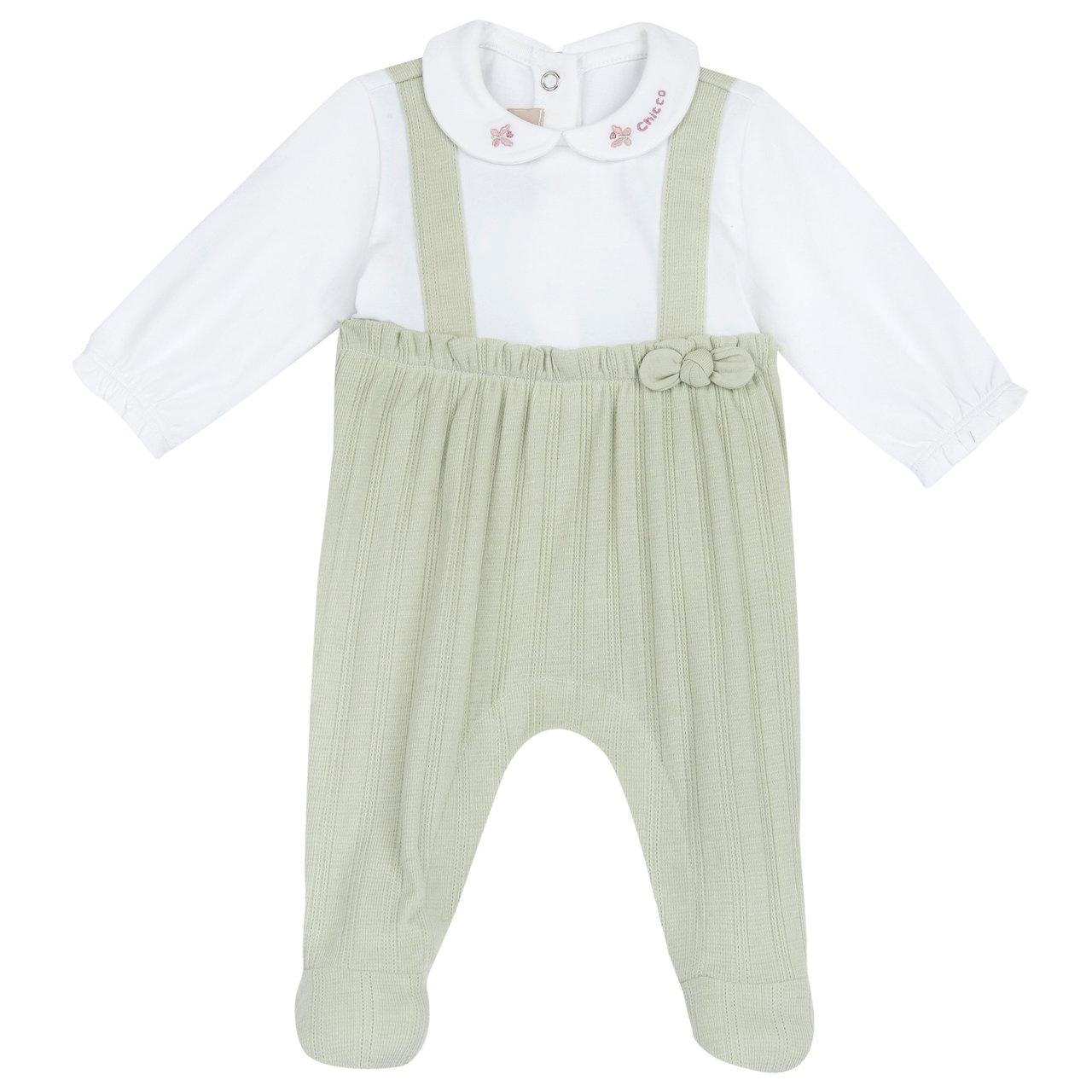 Tutina aperta interno gamba Chicco verde in morbido jersey di cotone operato per bambina, con ricami, fiocco e stampa antiscivolo sotto i piedini. | Chicco