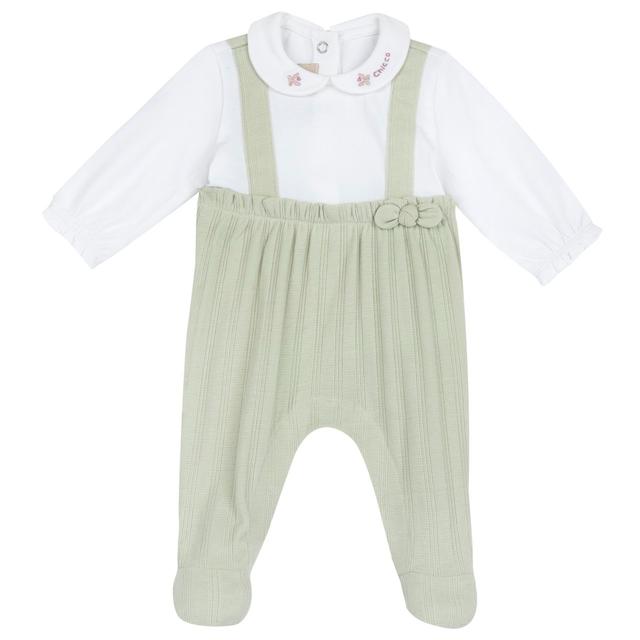 Tutina aperta interno gamba Chicco verde in morbido jersey di cotone operato per bambina, con ricami, fiocco e stampa antiscivolo sotto i piedini. | Chicco