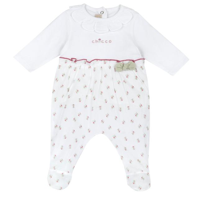 Tutina bianca Chicco aperta dietro per bambina in morbido jersey di cotone elasticizzato e mussola, con dettagli ricamati e fiocco. | Chicco