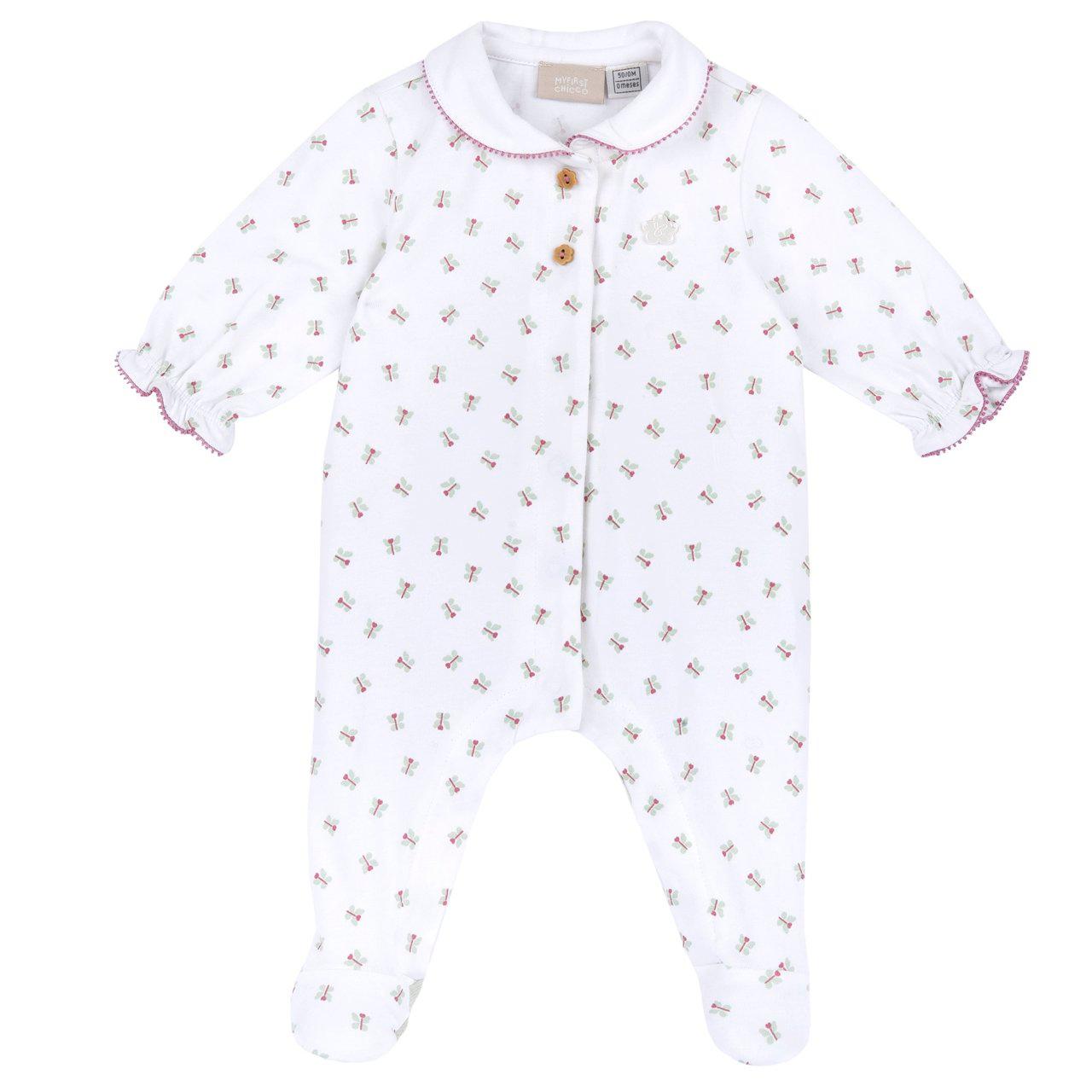 Tutina bianca Chicco aperta davanti per bambina in morbido jersey di cotone elasticizzato con stampa fantasia e bottoni automatici nascosti. | Chicco