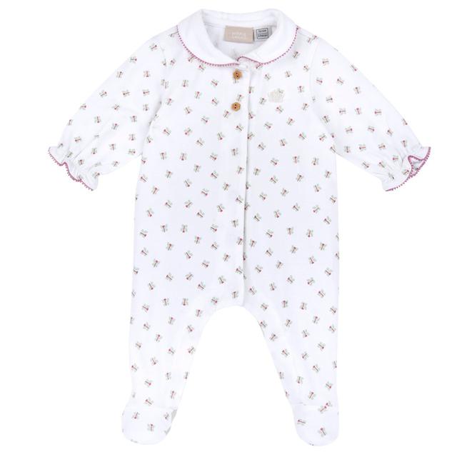 Tutina bianca Chicco aperta davanti per bambina in morbido jersey di cotone elasticizzato con stampa fantasia e bottoni automatici nascosti. | Chicco